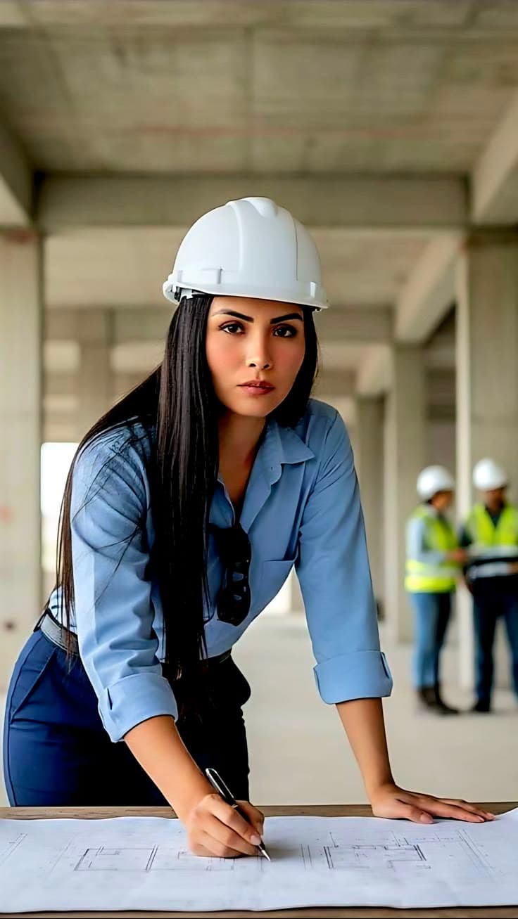 An engineer in a hard hat leans over a set of drawings on site, pen in hand.