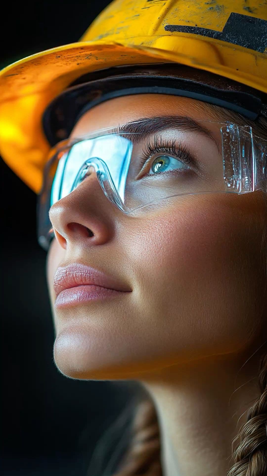 A worker in a hard hat & safety glasses looks up from the site.