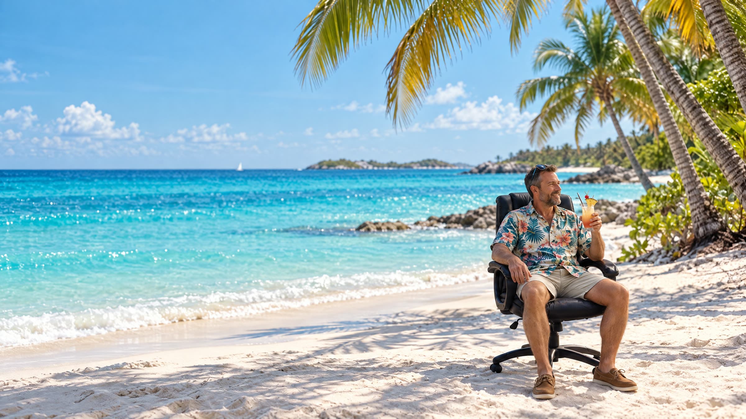 The owner sits in an office chair at the edge of a framed house while the crew keeps working. He spins round and the site becomes a Bahamas beach, cocktail in hand.