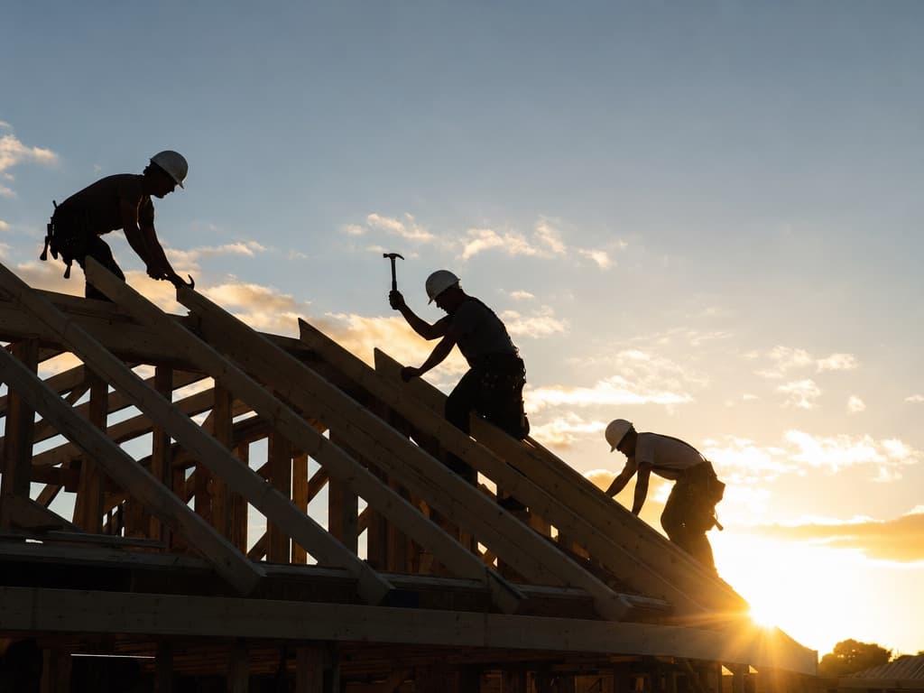 A framing crew nails down roof trusses against the rising sun.