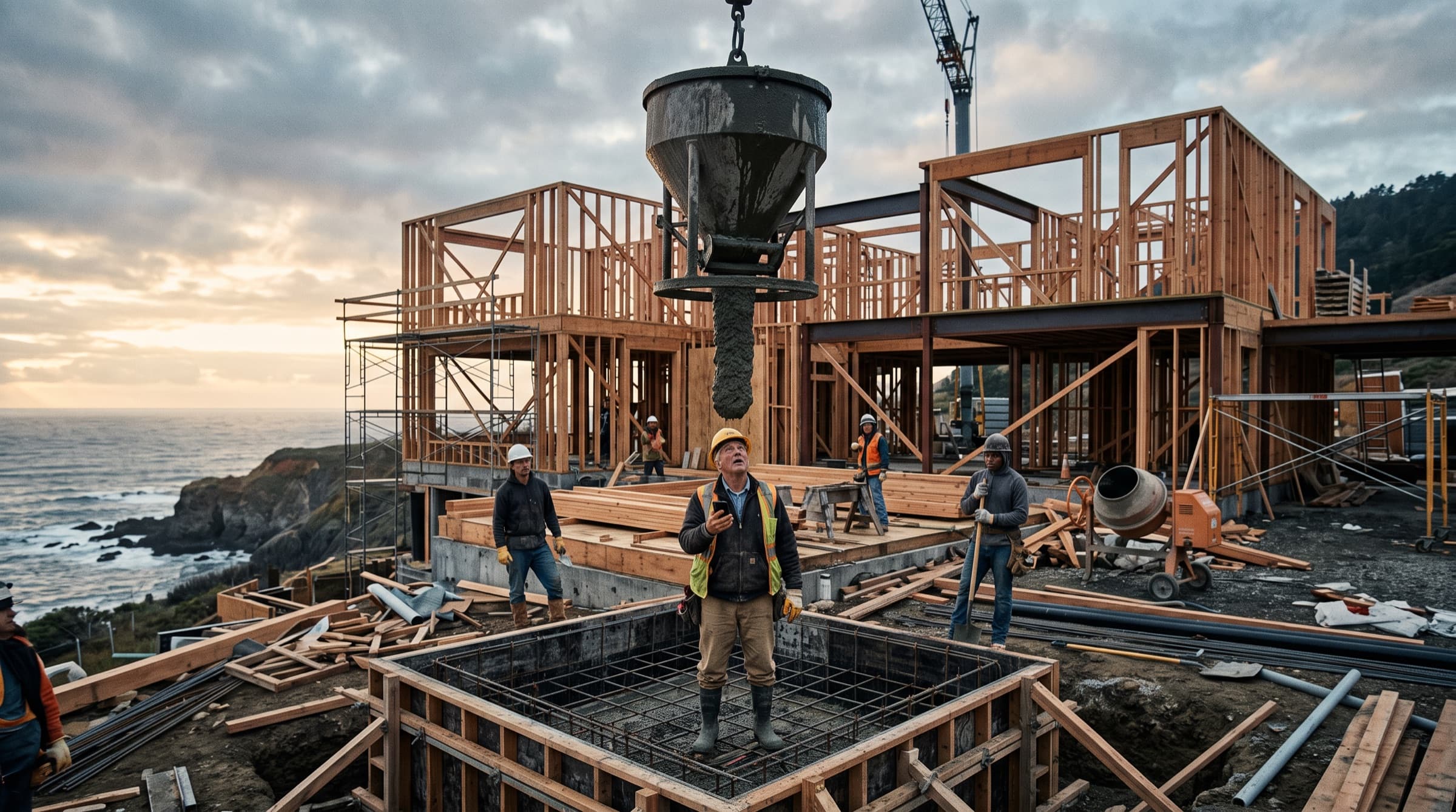 A concrete bucket hangs frozen mid-pour above a builder who has stopped to look at his phone.